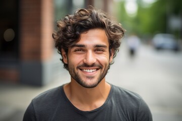 A man with a beard and a smile is standing on a sidewalk