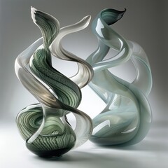 Abstract glass sculpture with intertwined shapes and subtle green tones on a light background.