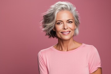 A woman with short gray hair is smiling and wearing a pink shirt - Powered by Adobe