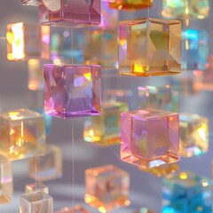 Abstract background with colorful hanging glass cubes illuminated with soft light.