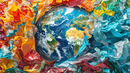 Conceptual image of earth trapped in plastic waste