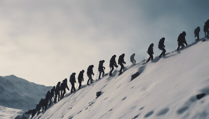 silhouette of people climbing in a row up a steep rocky snowy mountain
