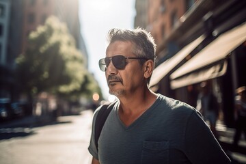 A man wearing sunglasses and a blue shirt is walking down a street