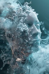 Digital art of a humanoid robot head disintegrating into small pieces, symbolizing artificial intelligence and technology concept.