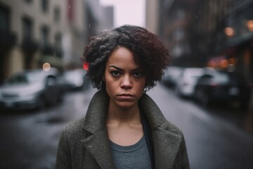 Fototapeta premium A woman with a short haircut stands in the rain, looking at the camera