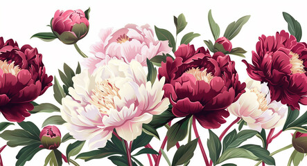 A bouquet of red, pink and white flowers of roses and peonies on a white background, with petals.