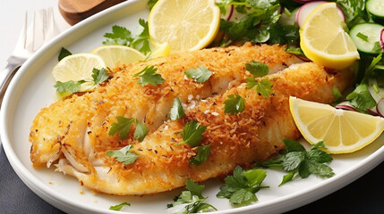 Delicious Crunchy Oven Baked Tilapia Dish on White Plate With Garnish on Defocused Background