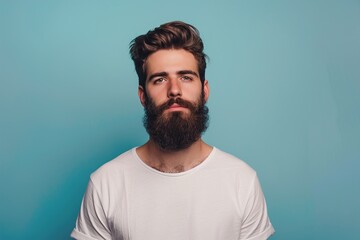 Fototapeta premium A man with a beard and a mustache is standing in front of a blue wall