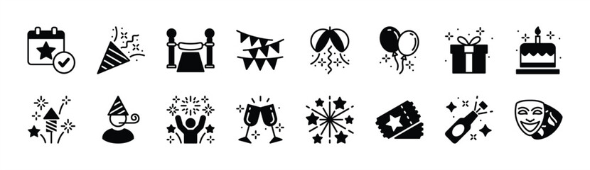 Event icon set. Containing calendar, confetti, decoration, present, fireworks, masks, balloons, cake, ticket, drinks, champagne, celebration, and party. Vector illustration