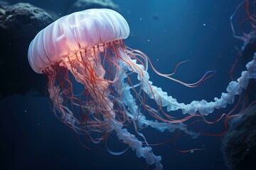 Obraz premium Ethereal jellyfish with delicate tentacles floats in the tranquil, deep blue sea
