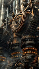 Capture the intricate dance of machinery from a worms-eye view Show the pistons pumping, gears turning, and exhaust billowing in a photorealistic digital illustration