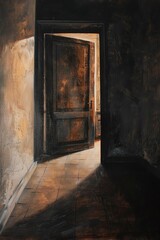 Obraz premium Capture the suspenseful moment of a door creaking open, revealing a mysterious world beyond, shrouded in shadows and dim light, using a mix of chiaroscuro and acrylic textures