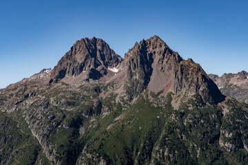 Fototapeta premium The Aiguille de Mesure and the Aiguille de la Tête Plate from the climb towards the Aiguillette des Posettes