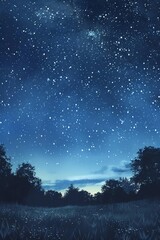 Naklejka premium Capture the tranquility of a night sky in a digital watercolor style Show a serene landscape with stars twinkling above, crickets chirping below