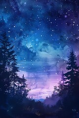 Fototapeta premium Capture the tranquility of a night sky in a digital watercolor style Show a serene landscape with stars twinkling above, crickets chirping below