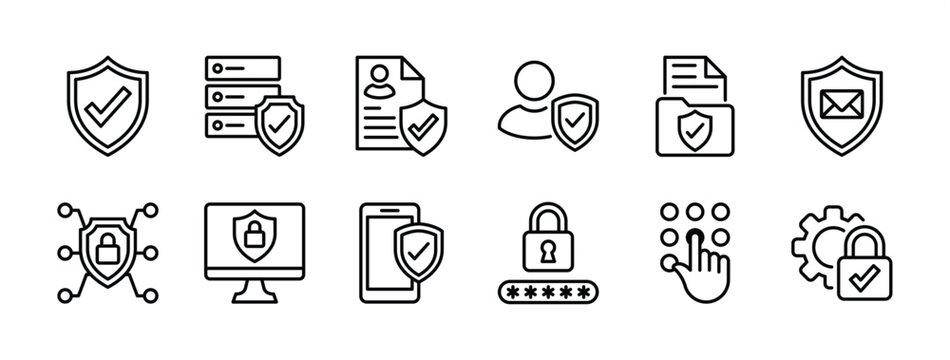 Privacy policy thin line icon set. Containing safety, security, protection, access, protect, secure of data, document, file, information, network system, communication. Vector illustration