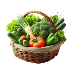 Fresh vegetables in a brown woven basket isolated