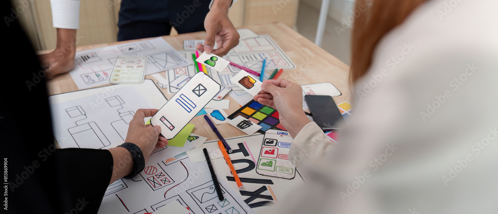 Wall mural brainstorm team of creative web graphic designer planning, group of mobile phone app developer team 