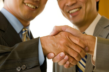 Close-up of diverse business colleagues shaking hands in a professional and multicultural partnership agreement, showcasing teamwork, trust, and cooperation in a corporate setting