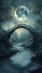 Illustrate a mystical scene of a stone arch bridge arching over a tranquil stream