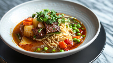 Hearty peruvian beef stew with vegetables, noodles, and fresh cilantro topping