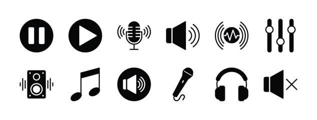 Audio button icon set. Containing music, sound, speaker volume, play, video, pause, equalizer, loudspeaker, mute, microphone, headset. Vector illustration