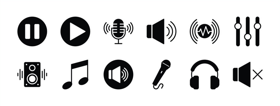 Audio button icon set. Containing music, sound, speaker volume, play, video, pause, equalizer, loudspeaker, mute, microphone, headset. Vector illustration