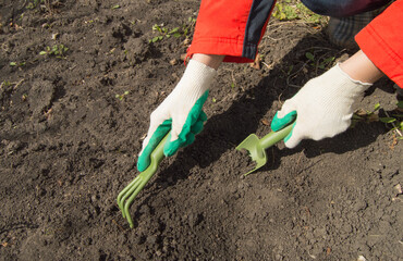 Woman working in your garden - preparing the soil for raised beds