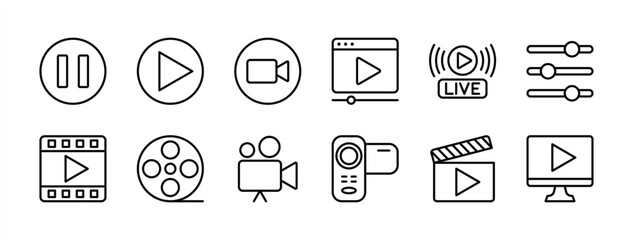 Video player thin line icon set. Containing play or start button, pause or stop, media, camera, live, cinema, multimedia, film, handycam, clapperboard, movie, streaming or online video. Vector