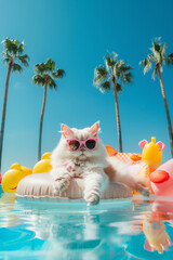 White cat with pink sunglasses floating in pool with tropical backdrop