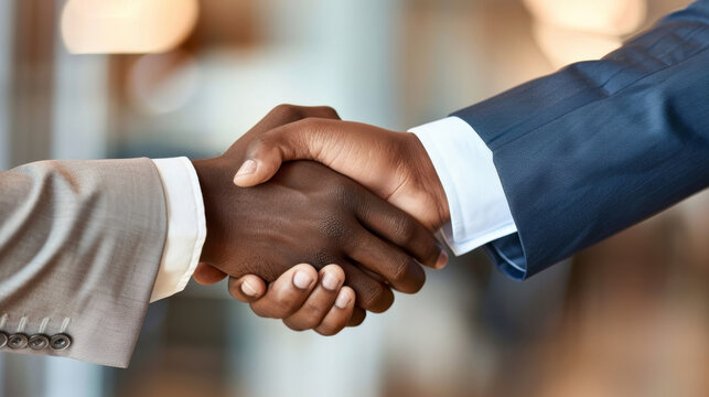 Diverse handshake partnership: a multicultural, global, and professional collaboration and business agreement focused on unity, respect, and understanding among colleagues in formalwear