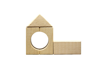 Wooden blocks, wooden toys, space for letters isolated on white background.