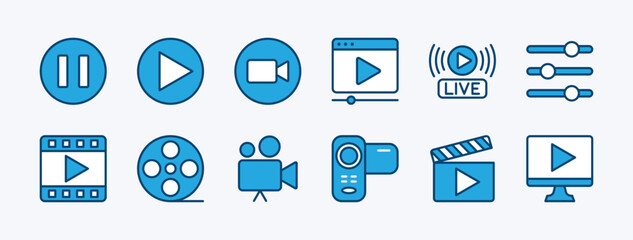 Set of video player icon. Containing play or start button, pause or stop, media, camera, live, cinema, multimedia, film, handycam, clapperboard, movie, streaming or online video. Vector illustration © Vilogsign