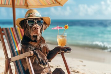 Labrador with floral hat sipping drink on tropical beach