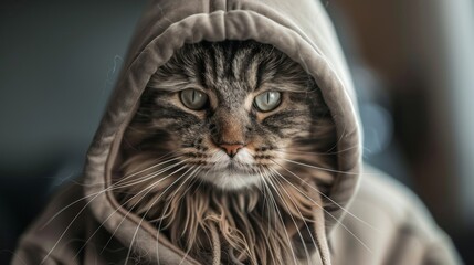 A fluffy Maine Coon cat dressed in a cozy hoodie, showcasing its laid-back and lovable personality.