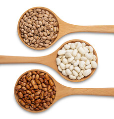 Beans on wooden spoons, close-up from a high angle, in front of a white background.