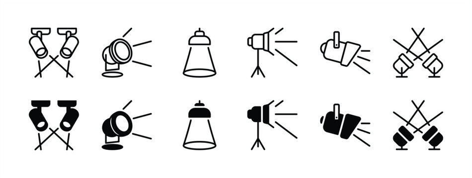 Spotlight thin line icon set. Containing light, lamp, projector, flashlight, searchlight, and floodlight for decoration of stage, studio, theatre, scene, banner. Vector illustration
