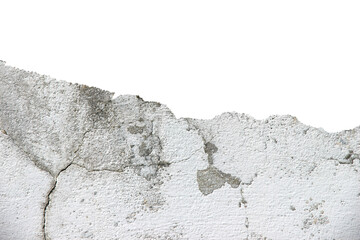 The old cement wall is broken, cracked, and damaged isolated on white background.