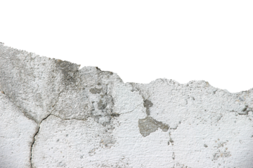 The old cement wall is broken, cracked, and damaged isolated on white background.