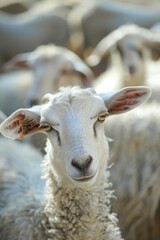 Obraz premium A close-up portrait of a goat in a herd, showing detailed facial features and expression, symbolizing livestock significance in Eid al-Adha