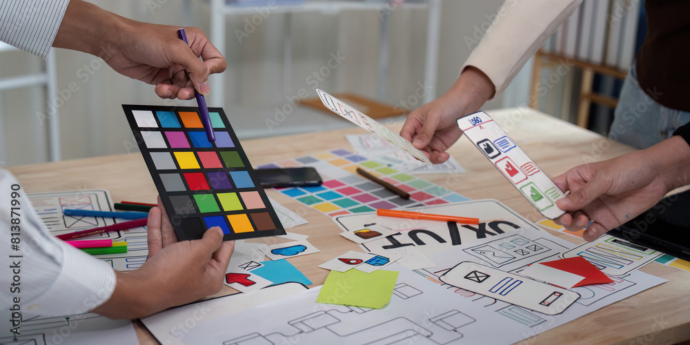 Wall mural brainstorm team of creative web graphic designer planning, group of mobile phone app developer team 