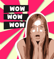 Girl wow. Portrait of a beautiful young woman with bright colorful painted design. Retro and magazine style, modern vision of females beauty and fashion, contemporary artwork. Copyspace