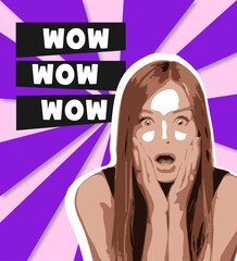 Girl wow. Portrait of a beautiful young woman with bright colorful painted design. Retro and magazine style, modern vision of females beauty and fashion, contemporary artwork. Copyspace