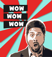 Man wow. Portrait of a beautiful man with bright colorful painted design. Retro and magazine style, modern vision of females beauty and fashion, contemporary artwork. Copyspace