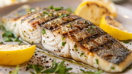 A grilled barramundi fillet served with lemon wedges and fresh herbs, a gourmet seafood dish...
