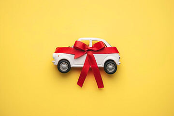 White model car with red ribbon bow on a yellow background. Car as gift, surprise. Present concept. Close up full length size of toy car isolated on color backdrop, copyspace. Rental, auto dealership