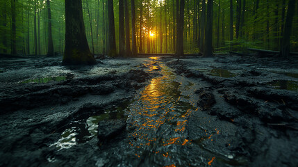 Obraz premium The photo shows a beautiful forest with a small river running through it. The sun is shining through the trees, creating a magical atmosphere.