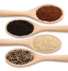 Four types of quinoa close-up from a high angle, in front of a white background