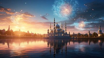 A Beautiful Mosque Reflect in River During Sunrise in The Sky Fireworks Vibe Landscape Background