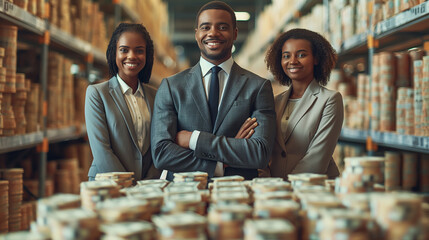 Three smiling African American business people standing in a warehouse.